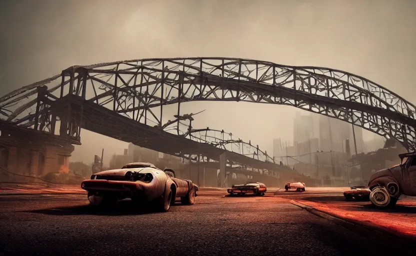 Image similar to explosions in the form of realistic cotton plants cover harbour bridge, smooth, sharp focus, highly detailed, 3 d octane render, epic lighting, dark atmosphere, post apocalyptic, rust cars, 8 k, by goro fujita