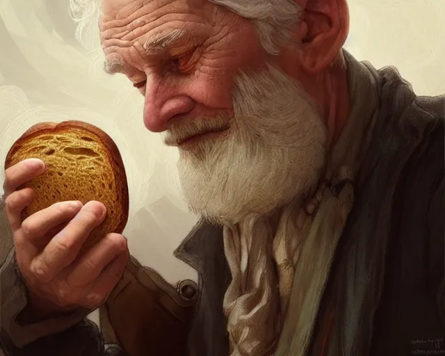 Image similar to an old man taking a selfie with a loaf of bread, deep focus, d & d, fantasy, intricate, elegant, highly detailed, digital painting, artstation, concept art, matte, sharp focus, illustration, hearthstone, art by artgerm and greg rutkowski and alphonse mucha