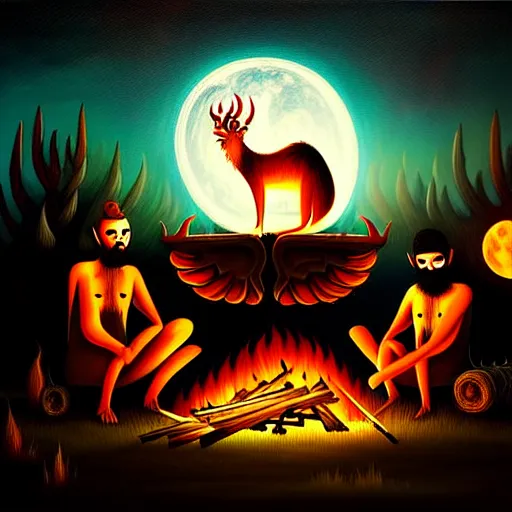 Image similar to strange mythical beasts of sitting around a fire under a full moon, surreal dark uncanny painting by ronny khalil