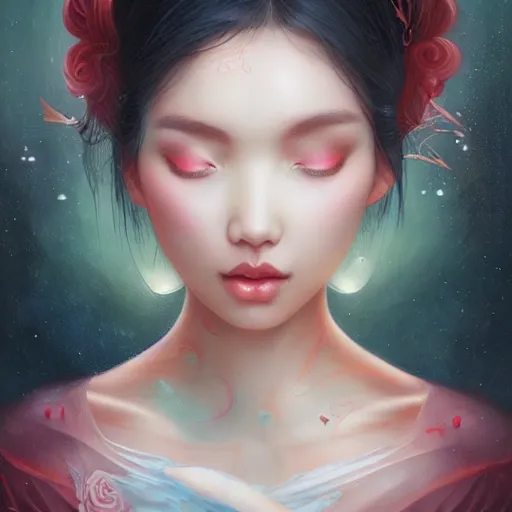 Prompt: gorgeous asian woman by tom bagshaw, artgerm, jeremiah ketner, beeple and charlie bowater, soft lighting, solid background,