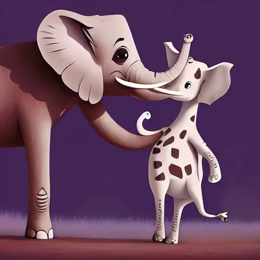 Image similar to cute elephant and giraffe playing with each other, artwork by goro fujita,