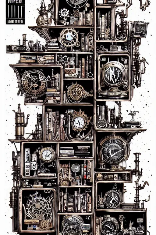 Prompt: a majestic steampunk alchemist book shelf, furniture, high details, bold line art, by vincent di fate and joe fenton, inking, etching, screen print, masterpiece, trending on artstation, sharp, high contrast, hyper - detailed,, hd, 4 k, 8 k