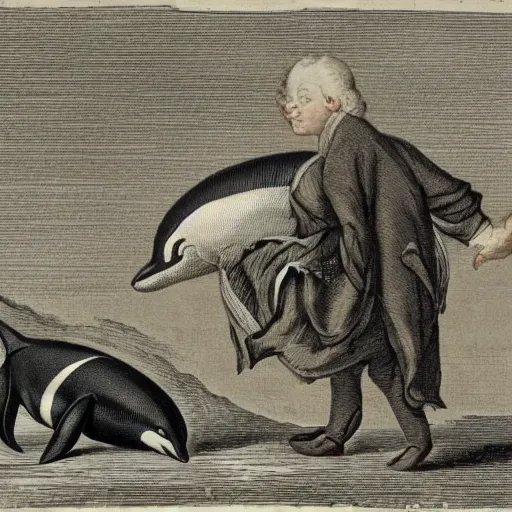 Image similar to orcas wearing fancy clothes, walking in London, engraving from 1700s