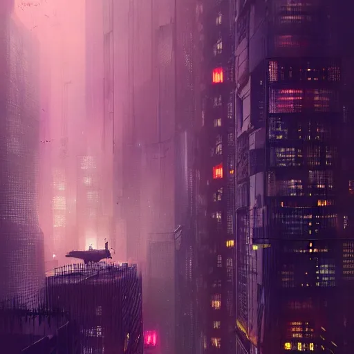 Prompt: cyberpunk shanghai in the night seen from below, cityscape, mist, rain, artstation, greg rutkowski, hq