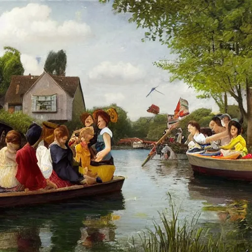 Image similar to The street art depicts a group of well-dressed women and children enjoying a leisurely boat ride on a calm day. The women are chatting and laughing while the children play with a toy boat in the foreground. figurativism by Daniel Ridgway Knights, by John Hejduk mournful