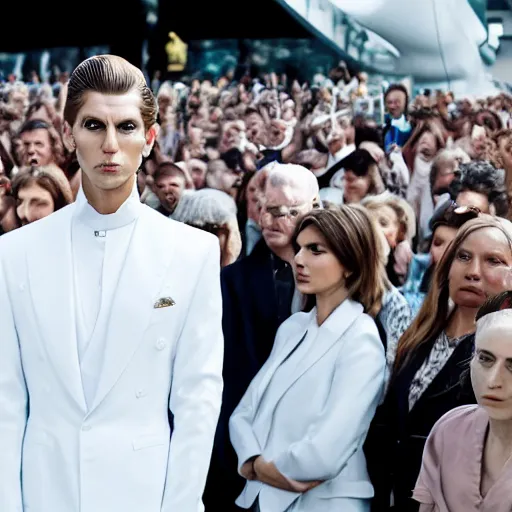 Image similar to portrait of a regal prince in futuristic white clothes, high collar, sharp cheekbones, wistful expression, surrounded by a crowd of angry people