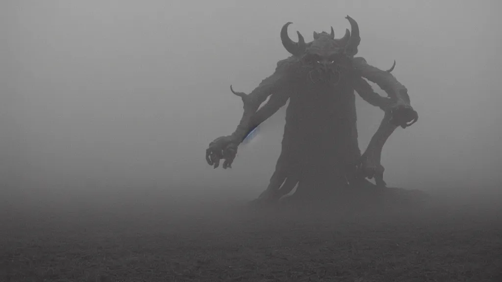 Prompt: vintage photography of a many-armed elder demon looming in fog