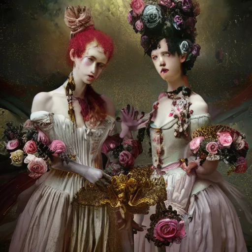 Image similar to 8k, octane render, realism, tonalism, renaissance, rococo, baroque, group of creepy young ladies wearing long harajuku manga dress with flowers and skulls, background chaotic flowers, gold leaf accents