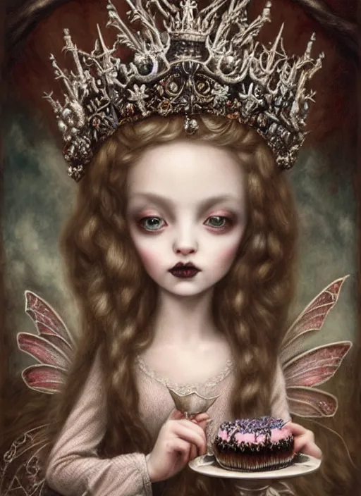 Prompt: highly detailed closeup, portrait of a gothic fairy princess wearing a crown and sitting on a throne eating cakes, unreal engine, nicoletta ceccoli, mark ryden, earl norem, lostfish, global illumination, detailed and intricate environment
