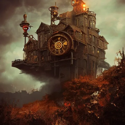 Image similar to a flying steampunk fortress, intricate, behrens style, octane render, fantasy digital art, beautiful composition, trending on artstation, night, meteors, lightning!!! storm, dramatic lighting, red glow, eldritch