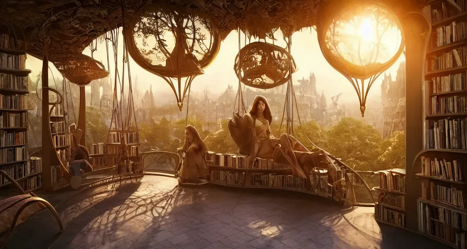 Image similar to A scene from a 2022 fantasy film featuring a cozy art nouveau reading nook inside a fantasy treehouse city. Suspended walkways. Disorganized ancient books. Golden Hour. 8K UHD.