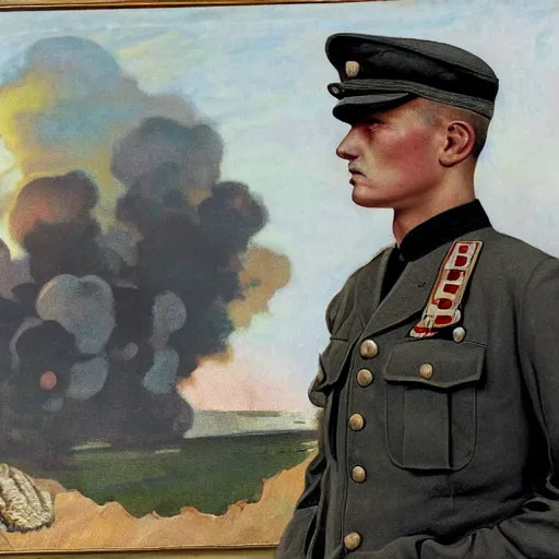 shell-shocked soldier in ww2 uniform stares intently