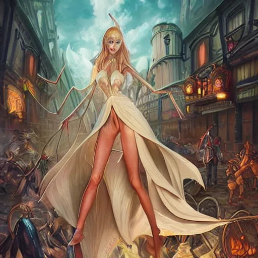 Image similar to human-sized Mantis religiosa shopping on a medival city market; fantasy; D&D; magic; illustration; art by artgerm