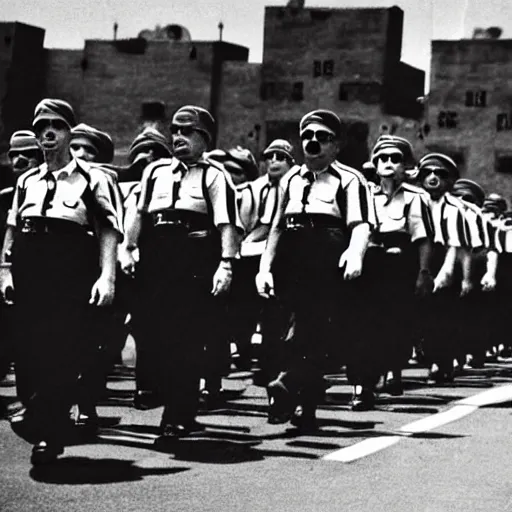 Image similar to mario as prison camp guard marching, wwii, officers uniform, cartoon style