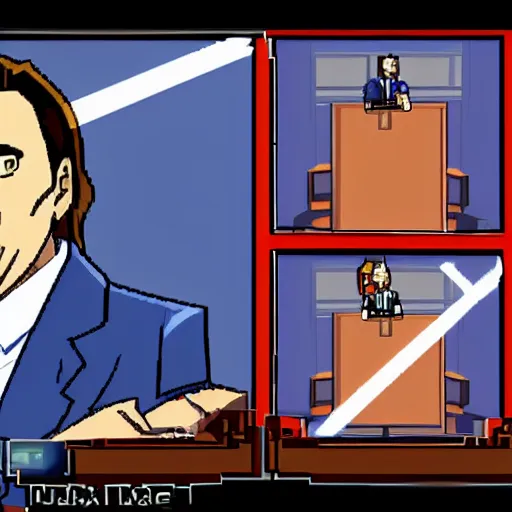 Prompt: nic cage as phoenix wright yelling objection!, in game screenshot, hd digital pixel art