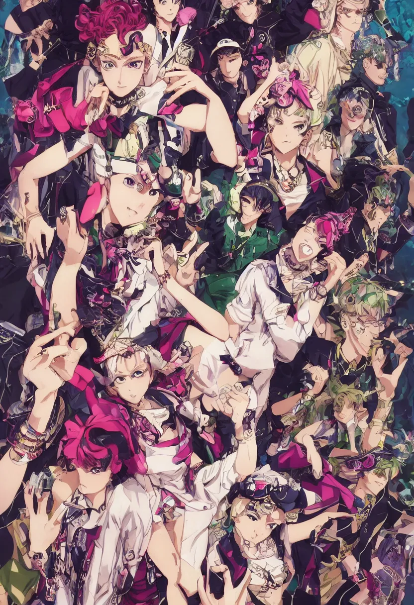 Image similar to Magazine Cover Anime key visual of a Gucci girl; official media; typography; drawn by Hirohiko Araki; Jojo's Bizarre Adventure; Jojolion, portrait, made by Stanley Artgerm Lau, WLOP, Rossdraws, James Jean, Andrei Riabovitchev, Marc Simonetti, Yoshitaka Amano, ArtStation