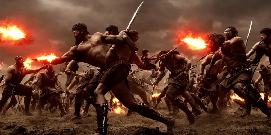 Image similar to epic battle screen of hero, film still from the movie'3 0 0'( 2 0 0 6 ), 3 d, 8 k realistic, cryengine, playstion 5 screen, cinematic lighting