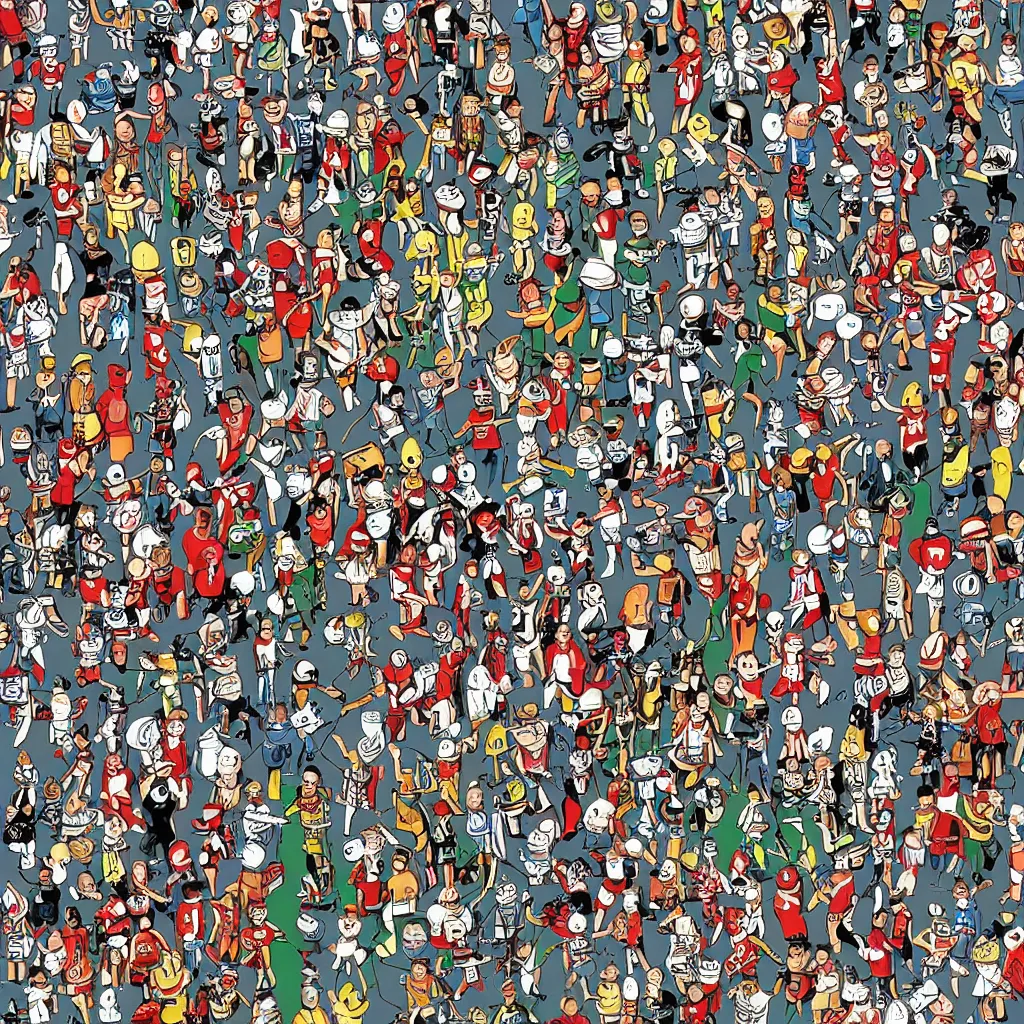 Image similar to Where's Waldo, on a futuristic robot battlefield