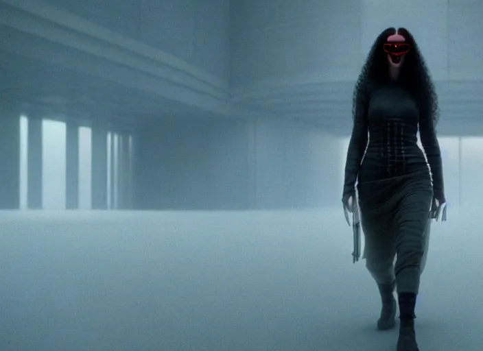 Prompt: a young cyberpunk woman with red with long curly hair wearing glasses, walking out of a the havens gate, extreme detailed face, film still from the movie directed by Denis Villeneuve with art direction by Zdzisław Beksiński, wide lens