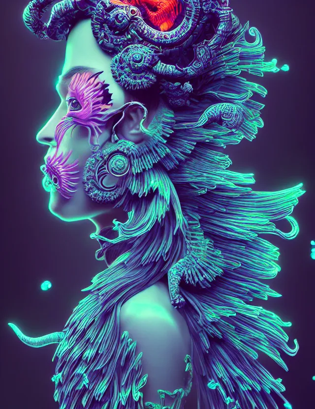 Image similar to 3 d goddess close - up profile portrait with crown, ram skull. beautiful intricately detailed neon japanese crow kitsune mask and clasical japanese kimono. betta fish, jellyfish phoenix, bio luminescent, plasma, ice, water, wind, creature, artwork by tooth wu and wlop and beeple and greg rutkowski