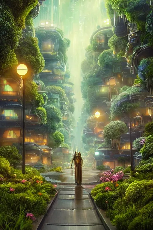 Image similar to extremely detailed awe stunning beautiful futuristic smooth organic city at night, translucent orbs, hyper real, lush flowery greenery, 8k, colorful, 3D cinematic volumetric light, atmospheric light, studio ghibli inspired, fantasy LUT, high contrast, epic composition, sci-fi, dreamlike, surreal, angelic, by Moebius,