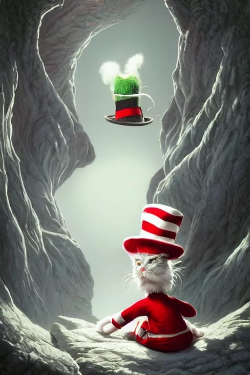 Image similar to complex 3 d render, hyper detailed, ultra sharp, of the cat in the hat, scary, cinematic, natural soft light, rim light, art by greg rutkowski and artgerm and moebius, dr seuss