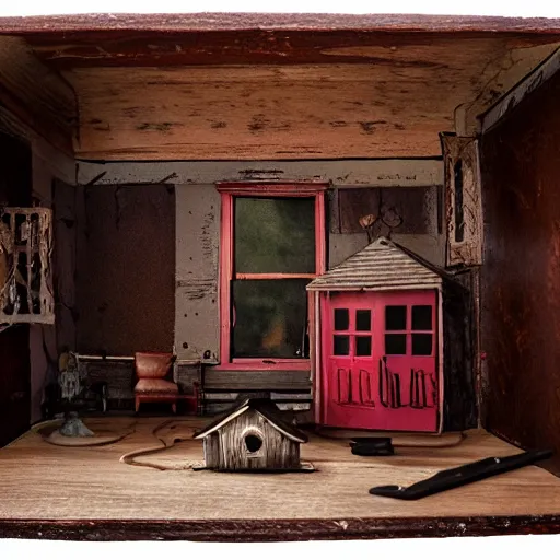 Image similar to A haunted dark moody dollhouse sitting in a large room with a red wood floor.