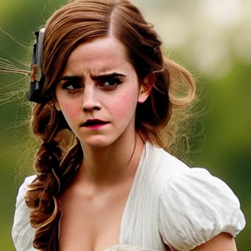 Image similar to emma watson as a damsel in distress, 4 k, hyperrealistic