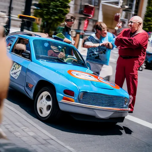 Image similar to larry david driving a toy car, canon eos r 3, f / 1. 4, iso 2 0 0, 1 / 1 6 0 s, 8 k, raw, unedited, symmetrical balance, wide angle