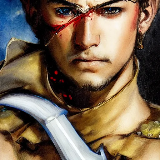 Image similar to portrait of a young white hero using his right arm to hold his sword covering his eye by yoji shinkawa, high quality, extra details, realism, ornate, colored, golden chain, blood, white skin, short hair, brown eyes, vivid, sunlight, dynamic, american man, freedom, white american soldier, painting, cybernetics, military