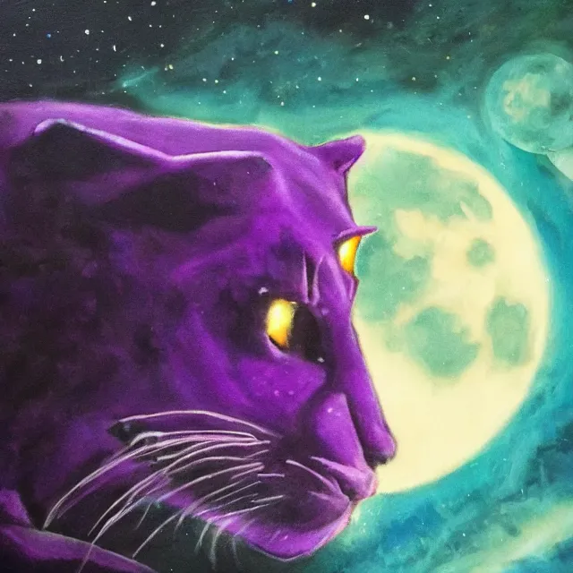 Prompt: closeup of a purple panther roaring at the moon in the forest. night. large moon in the center. cinematic. oil painting. concept art