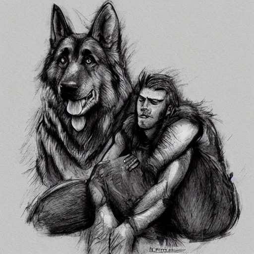 Image similar to two humanoid german shepherds beast - men, sitting on a couch and hugging together, artstation, concept art, smooth, sharp foccus ilustration, artstation