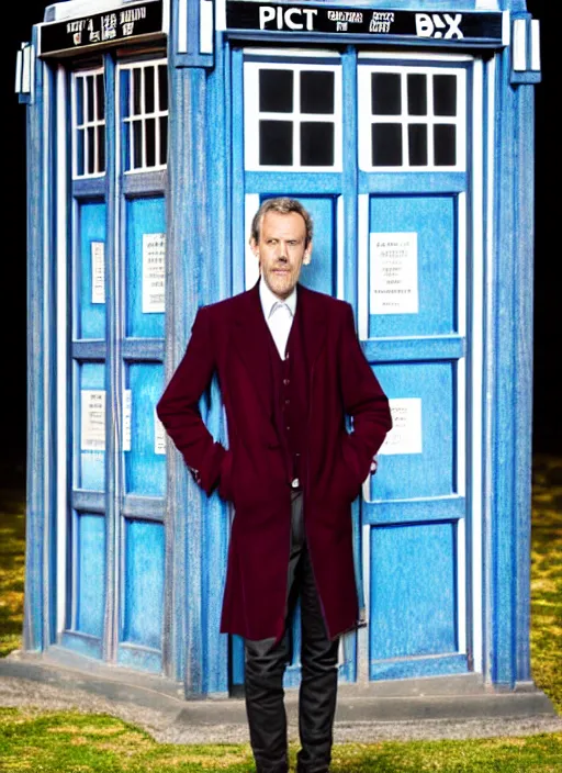 Image similar to dslr photo portrait still of hugh laurie as doctor who in front of the tardis, 8 k, 8 5 mm f 1. 4