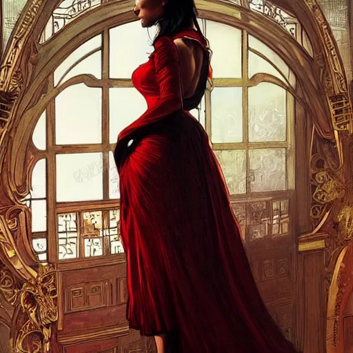 Image similar to full figure ultra realistic illustration, thandie newton wearing a maiden red dress, black wavy hair, old west, intricate, elegant, highly detailed, digital painting, artstation, concept art, smooth, sharp focus, illustration, art by artgerm and greg rutkowski and alphonse mucha