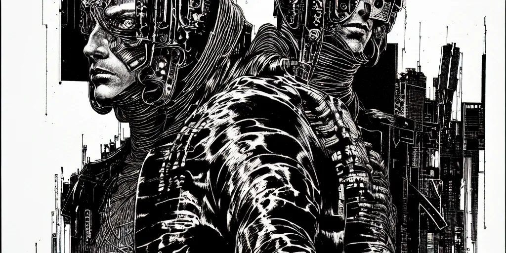 Prompt: cyberpunk portrait, bold line art, by bernie wrightson, etching, screen print, sharp, hyper - detailed