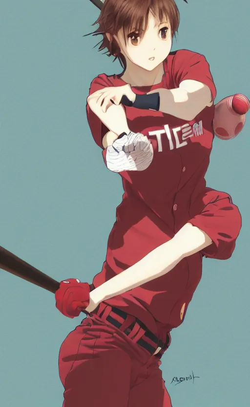 Prompt: anime style, female baseball player using bat, red sport clothing, strike pose, launching a straight ball, brown short hair, hair down, symmetrical facial features, from arknights, hyper realistic, rule of thirds, extreme detail, 4 k drawing, safebooru, realistic lighting, by alphonse mucha, greg rutkowski, sharp focus, backlit