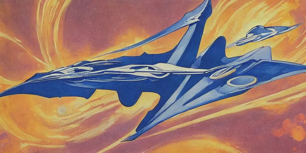 Image similar to Art Nouveau painting of a starship flying in space by