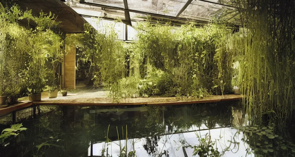 Image similar to IKEA catalogue photo, high end farm house style kitchen, an indoor pond, dust, organic, vines, wooden, overgrown, water feature, by Beksiński