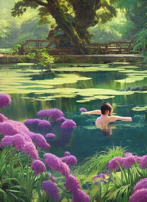 Prompt: a secluded pool in a verdant wetland, exotic purple flowers, extremely detailed oil painting, unreal 5 render, rhads, sargent and leyendecker, savrasov levitan polenov, bruce pennington, studio ghibli, tim hildebrandt, digital art, landscape painting, octane render, beautiful composition, trending on artstation, award winning photograph, masterpiece