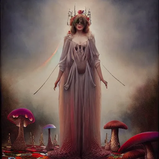 Image similar to By Tom Bagshaw, photorealistic soft paint portrait of a curiosities carnival with mushrooms, beautiful female in full long dress, symmetry accurate features, very intricate details, focus, ominous sky, rainbow lighting, volumetric clouds, god rays