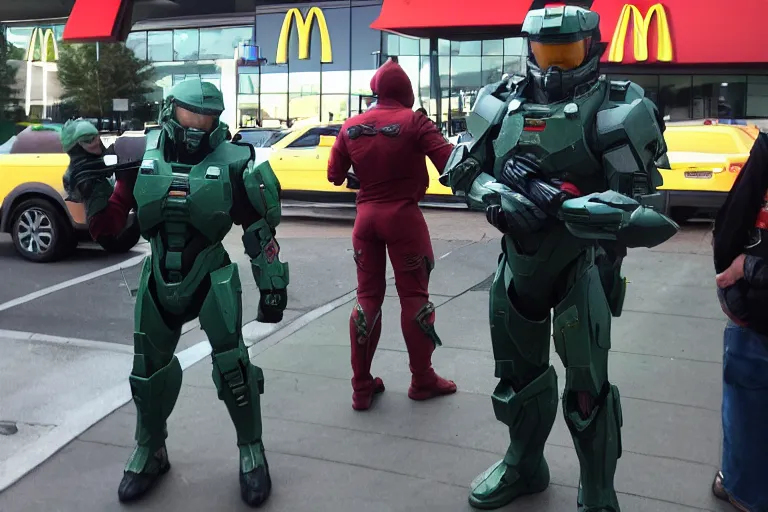 Prompt: master chief waiting in line at mcdonalds