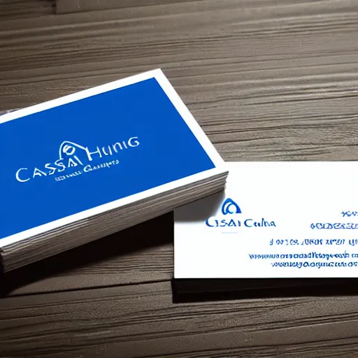 Image similar to a business card with logo for a real estate agent, blue and white color scheme, name of the company is casa hunting