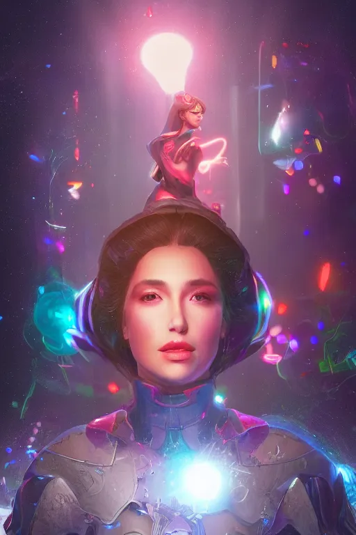 Prompt: Queen of the Multiverse, glowing lights. youthful attractive, seductive, rule of thirds, portrait, photo realistic by Yaşar VURDEM , artstation, unreal engine, character concept art. sz Zak and Taro Okamoto and Gal Barkan, high quality printing, fine art with subtle redshift rendering