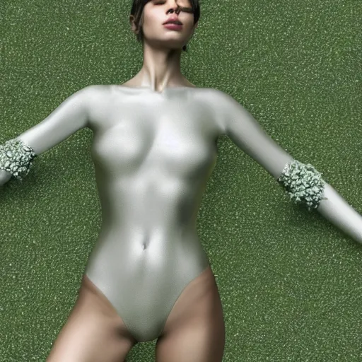 Prompt: a highly detailed digital image of a silver covered elegantly posed futuristic woman beautifully intertwined in green leafy foliage like leaves shot, full body shot, by Andrew Chiampo, artstation, and Frederik Heyman, extremely detailed woman, stunning volumetric lighting, hyper realism, fantasy 4k