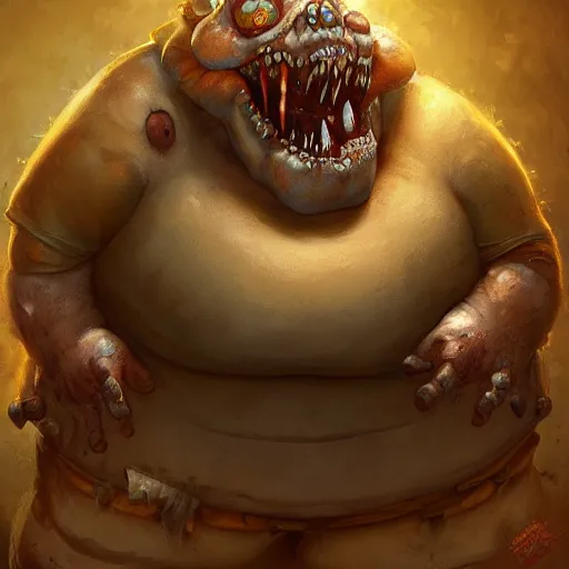Prompt: a detailed painting of a fat zombie, by justin gerard, digital art, realistic painting, dnd, character design, trending on artstation