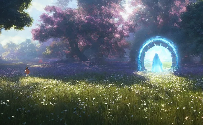 Prompt: portal to another world in a field of daisies, painting by craig mullins, octane rendering, soft morning lighting, wide angle lens, in the style of hayao miyazaki, trending on artstation