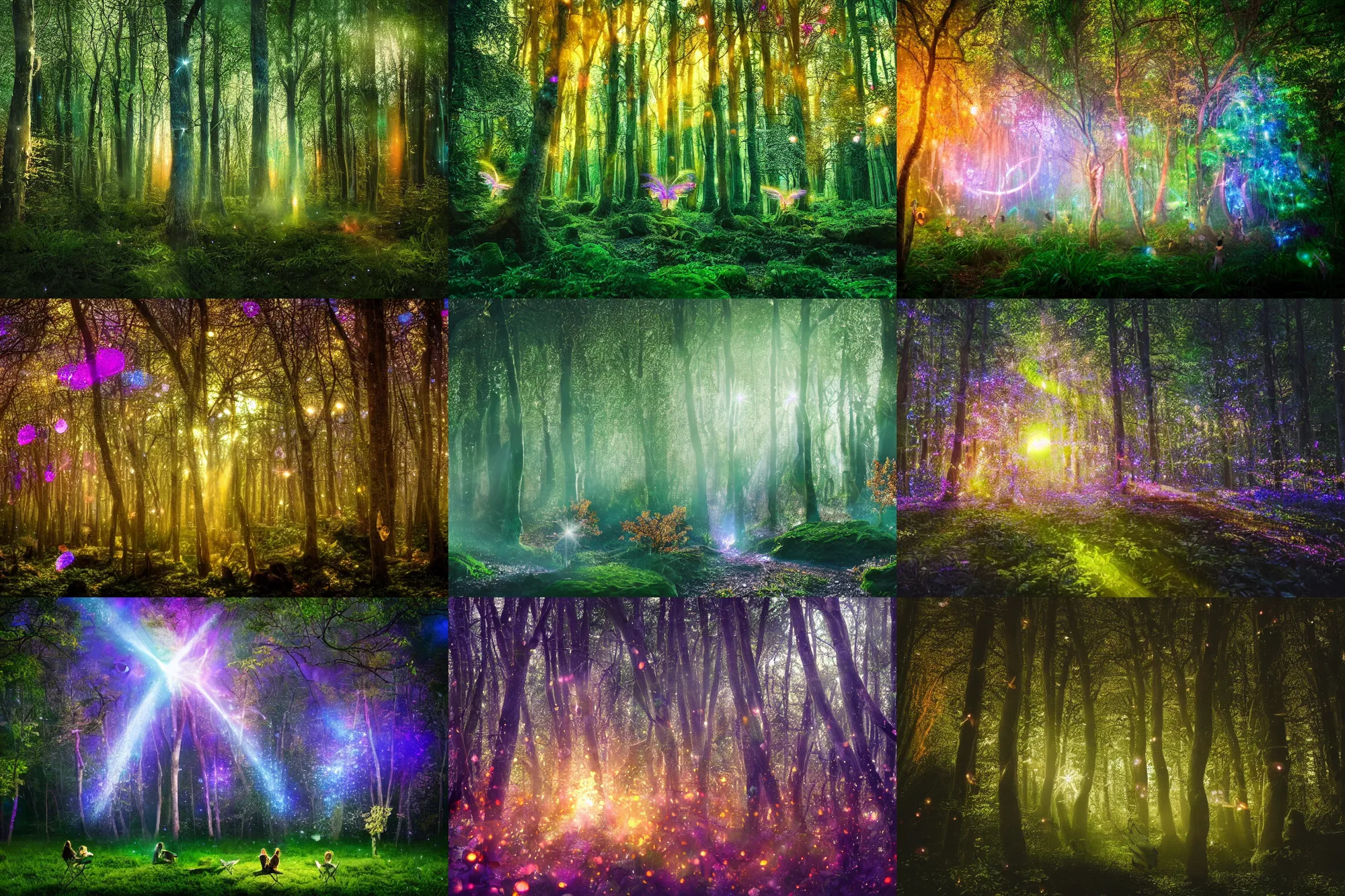 Prompt: photo of a beautiful magical fantasy forest, glowing tiny winged fairies flying throughout leaving sparkling time-lapse glowing trails in the air, sunlight filtering through the trees, dense, verdant, tranquil, surrounded by beautiful iridescent sparkling bushes, stunning sparkling opalescent trees, 35mm photo, award-winning magazine cover photo, nature photography, cinematic, dramatic, establishing shot