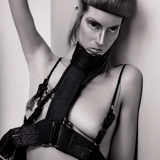 Image similar to fashion photography of instagirl model, harness, instagram, photo 3 5 mm leica, hyperdetail, berghain, 8 k, very detailed, photo by nick knight