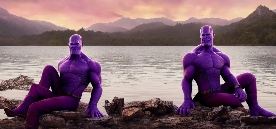 Image similar to a very high resolution image from a new movie. thanos sitting on chair in a lake, photorealistic, photography, directed by wes anderson