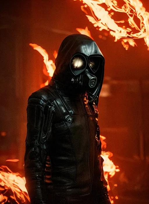 Image similar to cyberpunk man wearing black metal respirator black cloak black hood burning eyes on fire ghost rider witch king of angmar ring wraith Bladerunner 2049 movie still (2017) style of Roger Deakins Jeremy Saulnier Newton Thomas Sigel Robert Elswit Greig Fraser trending dark hallway rtx on ue4 35mm Kodak Vision 2383 gritty atmospheric